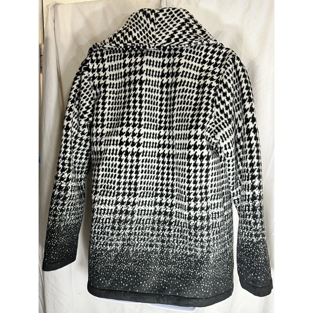 Ellen Reyes Petite Houndstooth Fleece Jacket Coat Black White Ombre Belted PM